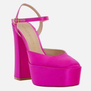 NIB Stuart Weitzman Skyhigh 145 Flamingo Satin Platform Pumps